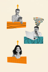 Aufkleber - Creative abstract template graphics collage image of busy working people creating new start up isolated beige color background