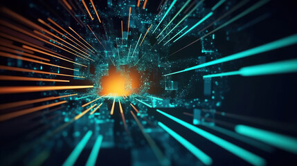 Poster - Modern digital abstract 3D background. Can be used in the description of network abilities, technological processes, digital storages, science, education, etc. Copy space. Based on Generative AI