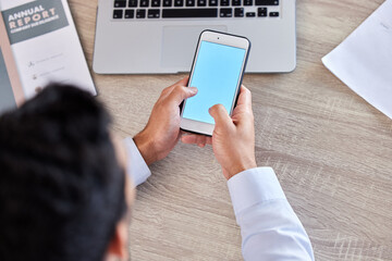 Poster - Businessman, hands and phone screen above for social media, communication or networking at the office. Top view hand of man employee typing or texting on mobile smartphone mockup display at workplace