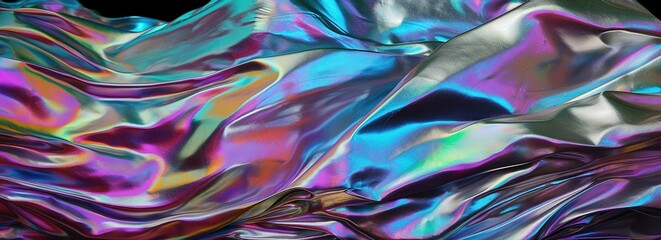 Poster - Banner with abstract holographic background . Modern pastel neon blue, purple, mint colored metallic psychedelic holographic foil texture.3d render Generative AI