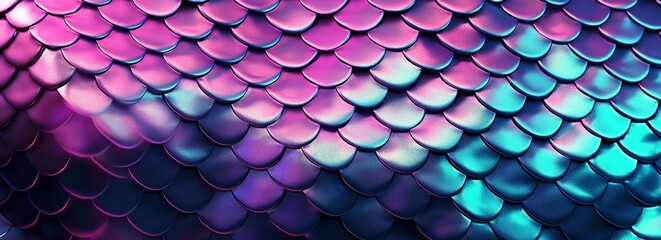 Holographic metal creative background with geometric pattern. Ultra violet neon light holographic trendy mermaid texture banner. Stylized snake or fish or mermaid scales