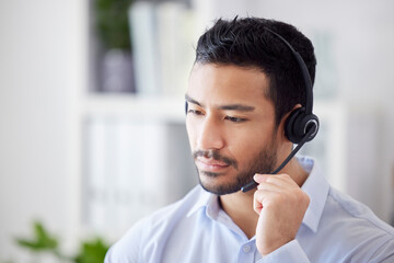 Poster - Man, focus and agent with telemarketing, call center and help with customer service, thinking and professional. Male person, serious employee or consultant with tech support, headset or concentration