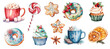 Set of watercolor christmas food elements. Cupcake, donut, mug of cocoa with marshmallows, ginger cookie, dried orange, star anise and lollipop. 