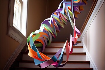 Sticker - paper streamer cascading down staircase or railing, created with generative ai