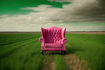 Wall Mural - a pink armchair in the middle of a green field, created with generative ai