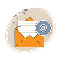 concept newsletter. an open envelope with a piece of paper and an email icon.
