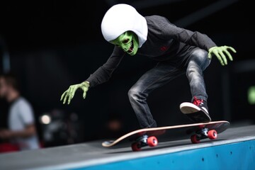 Poster - alien athlete performing high-profile trick on skateboard during competition, created with generative ai