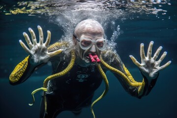 Poster - morkthex, an alien athlete with four arms and no legs, competing in swimming event, created with generative ai