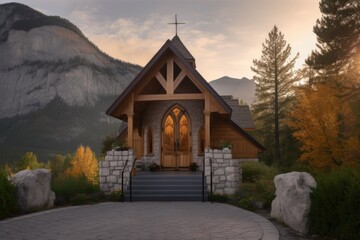 Sticker - peaceful chapel with majestic view of the mountains in the background, created with generative ai