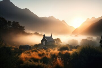 Poster - morning sunrise over chapel surrounded by misty mountains in the background, created with generative ai