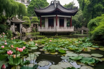 Wall Mural - peaceful china pagoda garden with blooming lotus flowers and babbling brook, created with generative ai