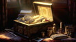 Treasure chest with old books and a candle in the dark.generative ai