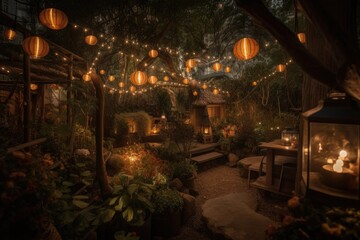 Wall Mural - a magical garden, illuminated by fairy lights and lanterns, created with generative ai