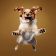 Happy cute dog jumping on isolated solid background generative ai
