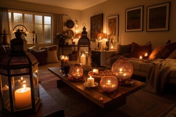 Poster - living room with warm lighting from candles and lanterns, plus a touch of glamour, created with generative ai