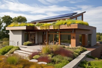 Sticker - home with solar panels and green roof, providing clean energy and reducing environmental impact, created with generative ai