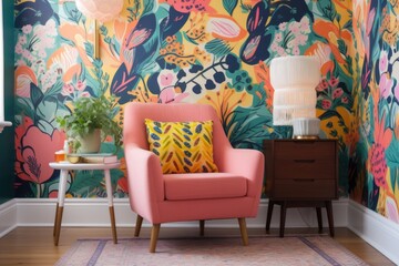 Wall Mural - a room with a bright and bold wallpaper design, complemented by fresh paint, created with generative ai