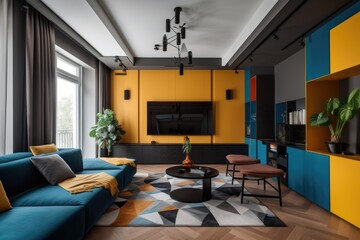 Wall Mural - a stunning modern interior with bold colors and geometric patterns, created with generative ai