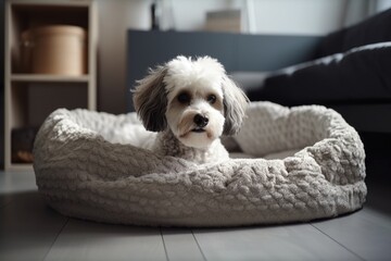 Canvas Print - luxury pet bed, with plush pillow and soft blanket, in modern apartment, created with generative ai