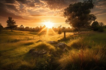 Wall Mural - rural scene with sunset, showcasing the final rays of light on the horizon, created with generative ai