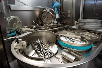 Sticker - surgical instruments being sterilized in autoclave, with steam and heat visible, created with generative ai