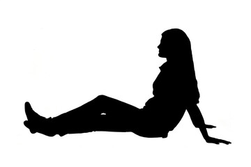 Wall Mural - side view of a silhouette of young girl  sitting on the floor with straight legs on white background