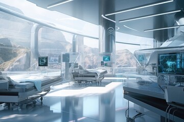 Wall Mural - sweeping view of a futuristic hospital, with advanced medical equipment and personalized healthcare services, created with generative ai