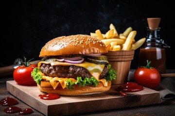 Wall Mural - classic burger with freshly cooked fries, pickles and ketchup, created with generative ai