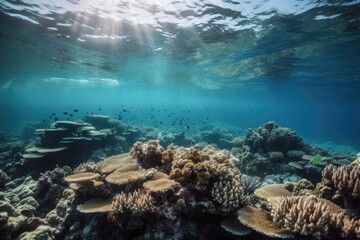 Sticker - coral reef surrounded by schools of colorful fish, swimming in unison, created with generative ai