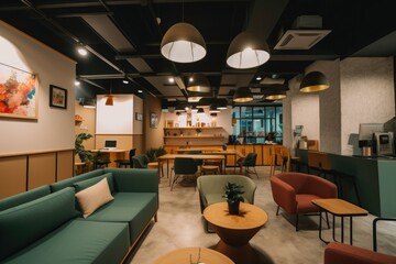 Sticker - co-working space with lounge area and coffee bar, providing a relaxing environment for freelancers, created with generative ai