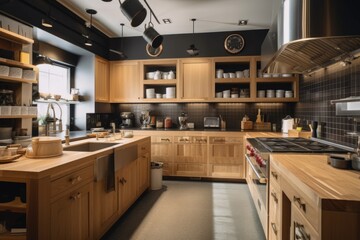 Sticker - a custom-built kitchen with six cooking stations, each with its own set of appliances and tools, created with generative ai