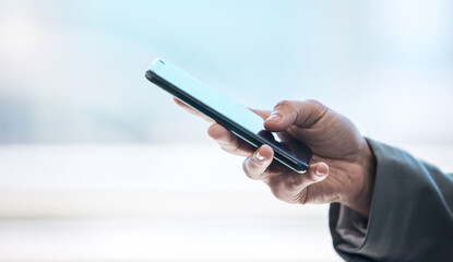 Poster - Phone, hand and networking with a business person typing a text message or email on a blurred background. Mobile, contact and communication with an employee browsing social media or texting closeup