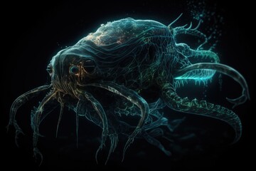 Sticker - deep-sea creature, with bioluminescent patterns and textures on its skin, swimming through the dark depths, created with generative ai