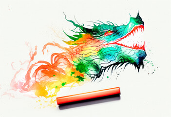 Wall Mural - drawn dragon head on white paper, profile, multi-colored dragon, made with small strokes, pencil and blots, AI-generated Generative AI