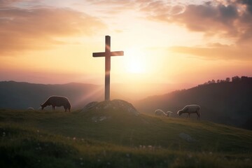 Poster - Easter concept: Christ Jesus concept: cross in the morning at sunrise, Generative AI