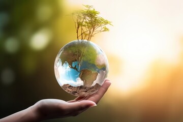 earth day concept: hand holding earth globe and tree over blurred nature background, generative ai