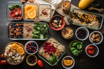 Poster - meal prep session, with ingredients and cooking equipment laid out in organized fashion, created with generative ai