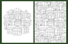 Doodle Houses Coloring Pages Set In US Letter Format. Black And White City Background. Templates For Coloring Book. Vector Illustration