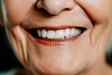 Wall Mural - close up of a senior person smiling with white teeth, ai generated