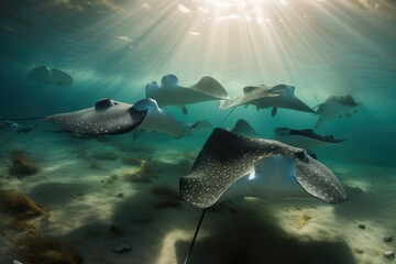 Sticker - school of rays swimming in graceful formation, their smooth bodies undulating, created with generative ai