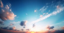 Natural Background Concept: Beautiful Blue Sunset Sky With White Clouds Background, Generative AI