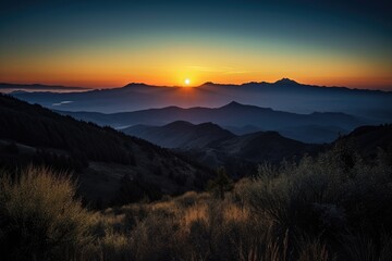 Canvas Print - majestic mountain range with a view of the sunset, silhouetting the peaks and valleys, created with generative ai