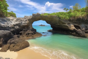 Poster - tropical beach with natural rock bridge, providing stunning view of the ocean, created with generative ai