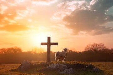 Poster - Resurrection of Jesus Christ concept: God Lamb in front of the cross of Jesus Christ on sunrise background, Generative AI