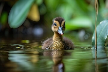 Sticker - baby duck swimming in pond, surrounded by greenery, created with generative ai