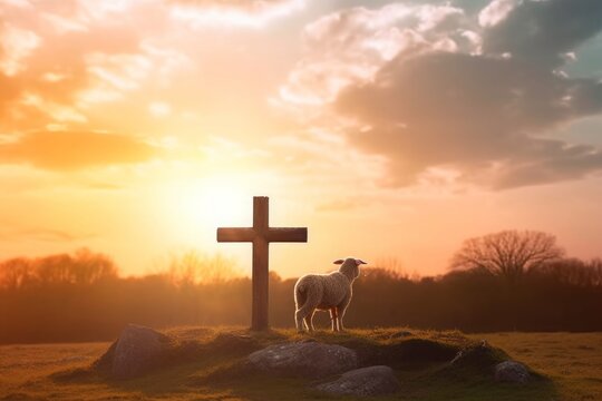 Resurrection of Jesus Christ concept: God Lamb in front of the cross of Jesus Christ on sunrise background, Generative AI