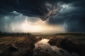 Canvas Print - abstract and surreal landscape with looming storm clouds, lightning strikes, and torrential rain, created with generative ai