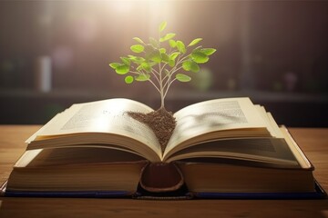 World philosophy day education concept: tree of knowledge planting on opening old big book in library with textbook  in natural background, Generative AI