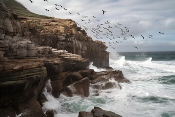 Poster - coastal cliff, with waves crashing against the rocks below, and seagulls soaring above, created with generative ai