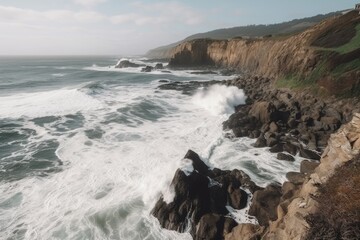 Sticker - wide-angle shot of cliffside with waves crashing against the rocks and tide coming in, created with generative ai